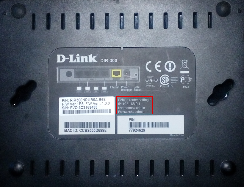 Учетные данные на корпусе D-Link Dir-300