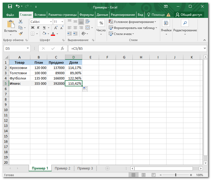 Расчет процента выполнения плана в Excel