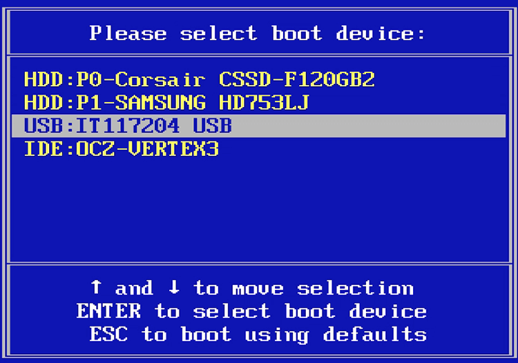 Выбор устройства в BIOS Boot Menu
