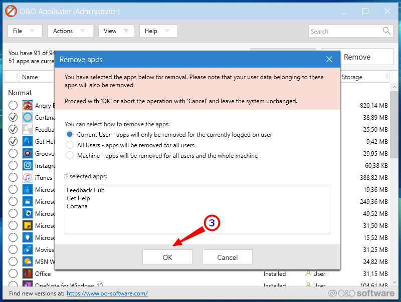 O&O AppBuster - удаление приложений из Магазина Windows 10