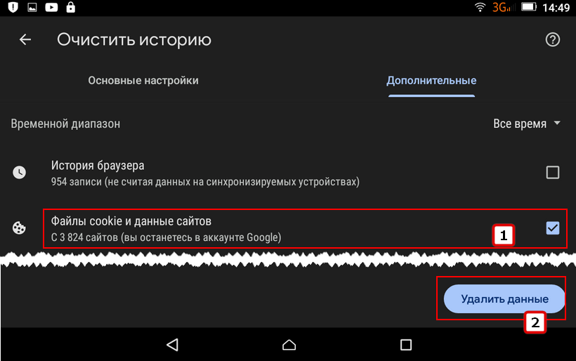 Удалить файлы cookies и данные сайтов в мобильном Chrome